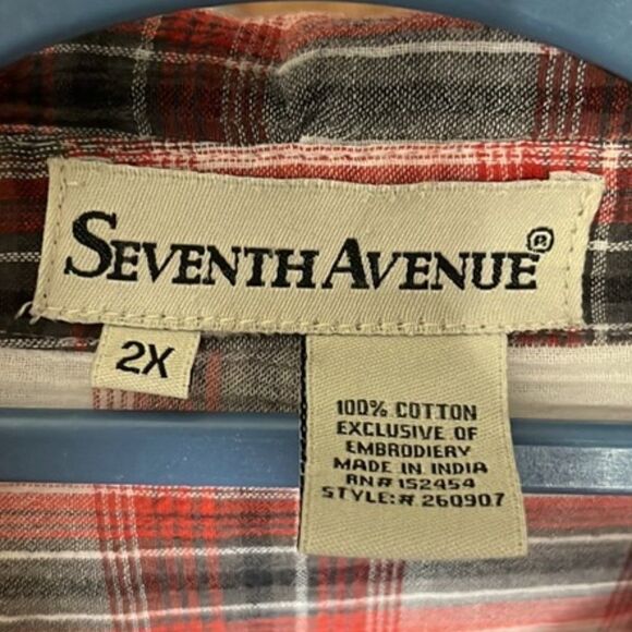 Seventh Avenue Red White Plaid Empire Waist Button-Down Shirt Floral Embroidery - Picture 8 of 9